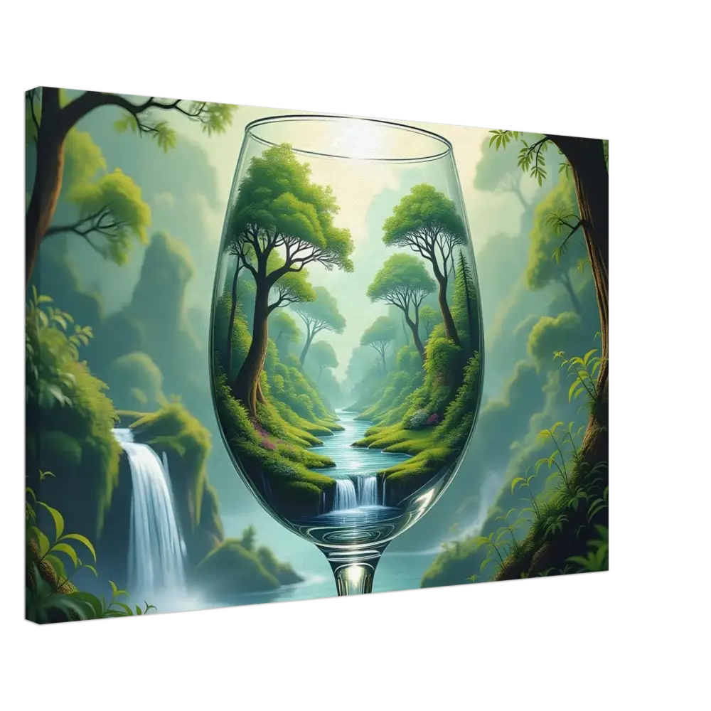 Wine glass with lush forest landscape featured in Surreal Forest Canvas by PixiOnyx