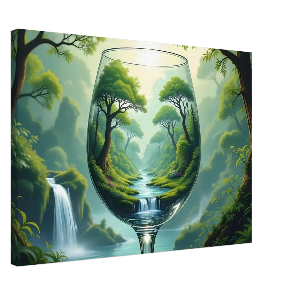 Wine glass with lush forest landscape in PixiOnyx Natureflow Wrap Surreal Forest Canvas