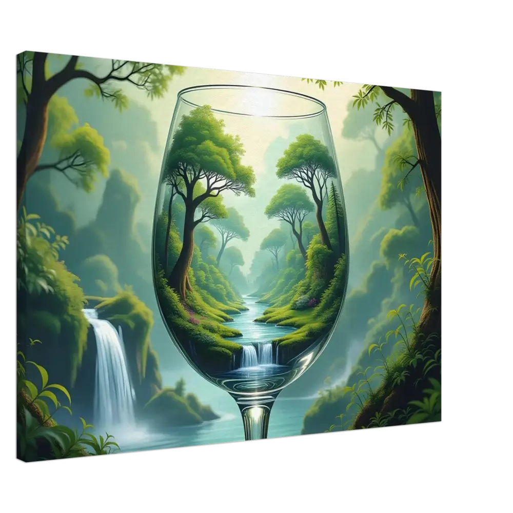Wine glass with lush forest landscape representing Surreal Forest Canvas PixiOnyx Natureflow Wrap