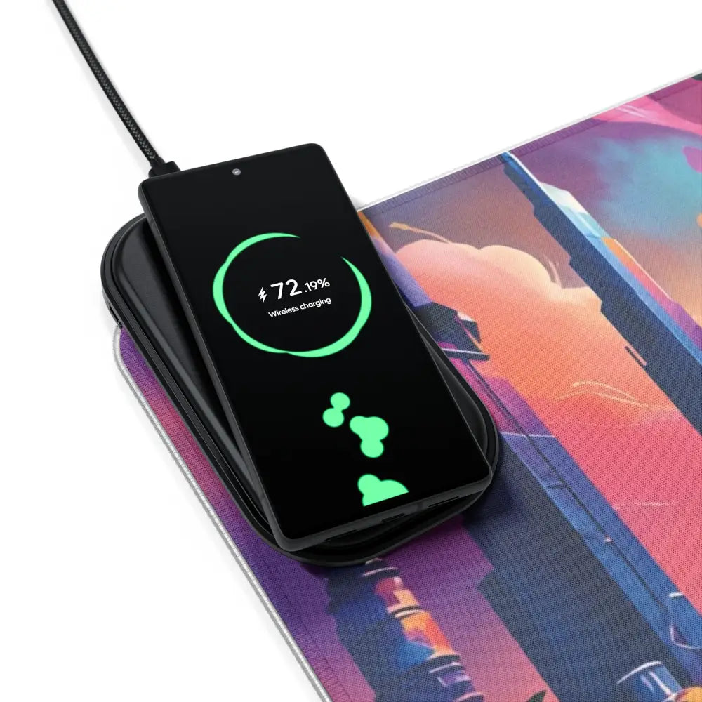 Black wireless charging smartphone on Symphony of Tomorrow RGB gaming mouse pad