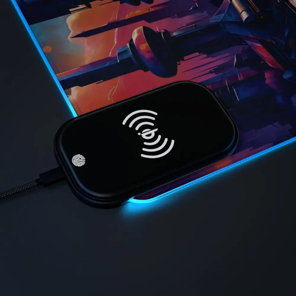 Black oval wireless charging pad with blue LED lighting on Symphony of Tomorrow RGB Gaming Mouse Pad