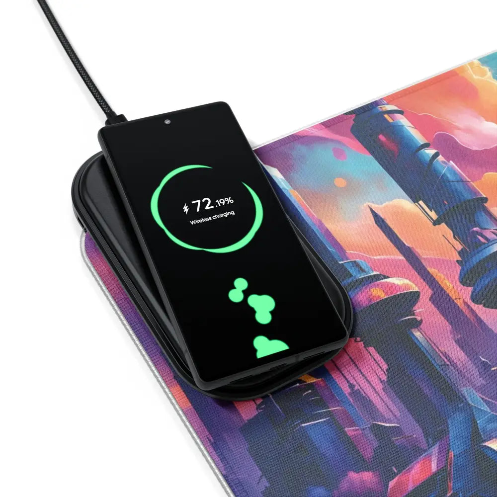 Black smartphone wirelessly charging on Symphony of Tomorrow RGB Gaming Mouse Pad with wireless charging