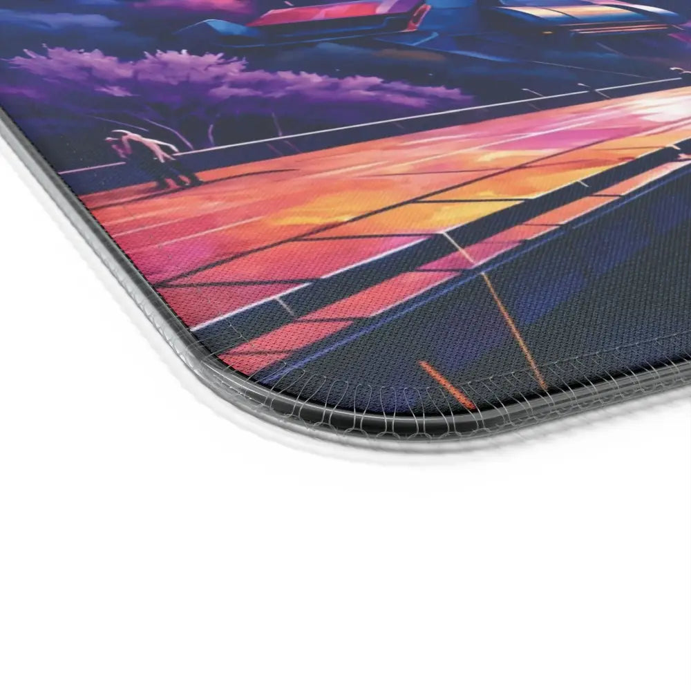 Rectangular synthwave-style mouse pad with stitched edges and wireless charging feature