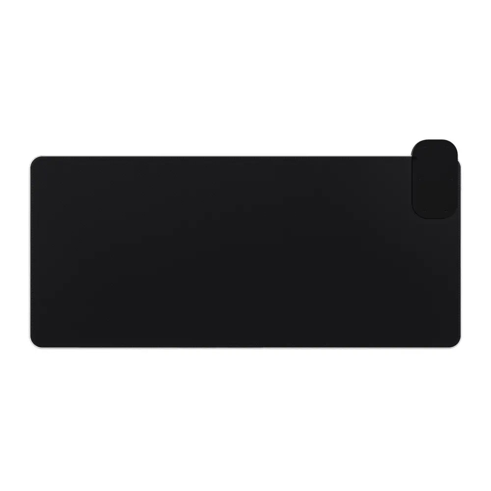 Black rectangular mouse pad with dark grey wireless charging attachment for gaming desk setup