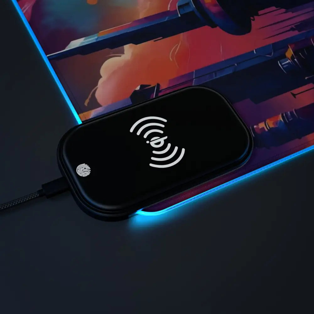 Black wireless charging pad with illuminated base on Symphony of Tomorrow RGB Gaming Mouse Pad