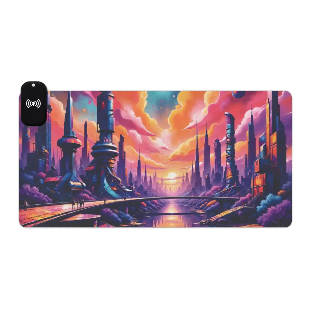 Colorful futuristic cityscape desk mat with wireless charging pad for gaming and work