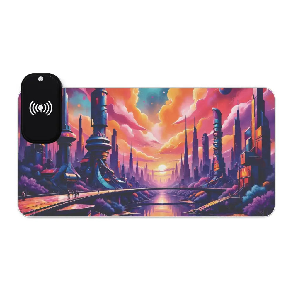 Futuristic cityscape mouse pad with wireless charging area for gaming and desk setup