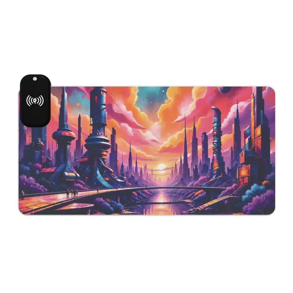 Futuristic cityscape mouse pad with wireless charging zone for gaming and productivity