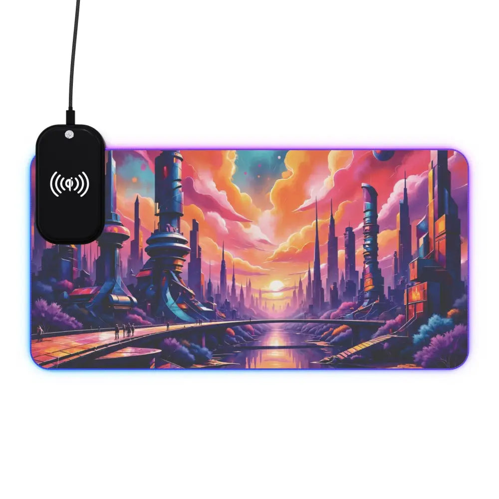RGB gaming mouse pad with futuristic city design and wireless charging from Symphony of Tomorrow