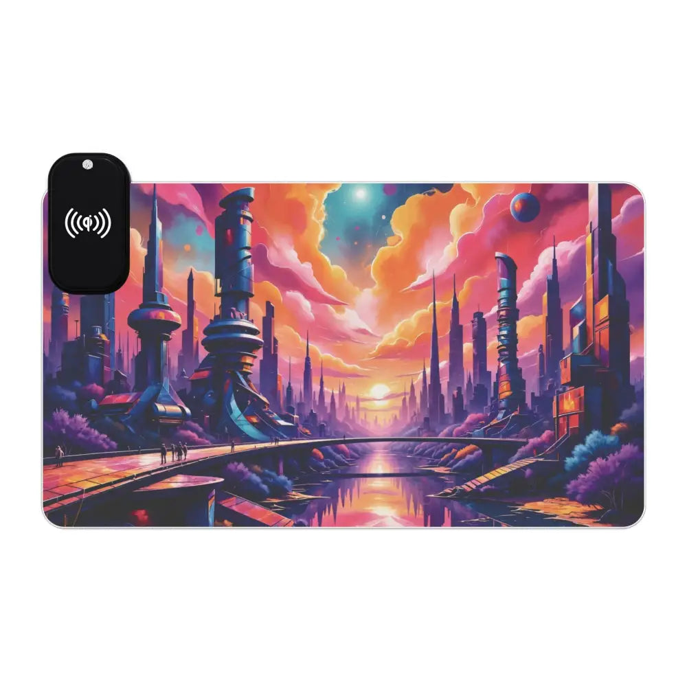 Wireless charging mouse pad with vibrant futuristic city and sunset design for gaming