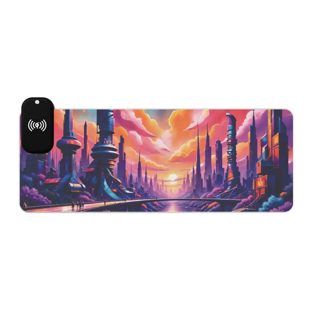 Wireless charging mouse pad with vibrant futuristic city sunset design for gaming and desk use