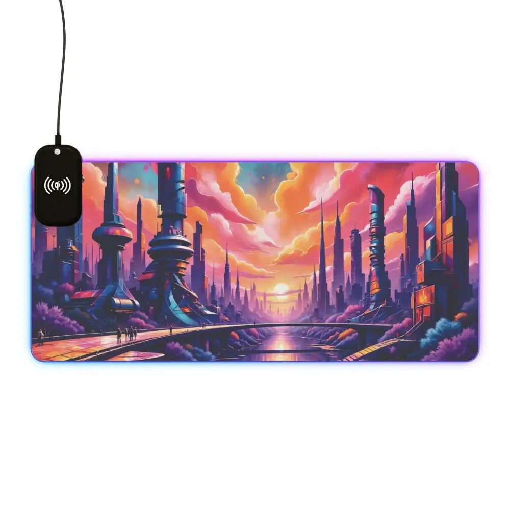 RGB gaming mouse pad with futuristic cityscape design and wireless charging for gaming