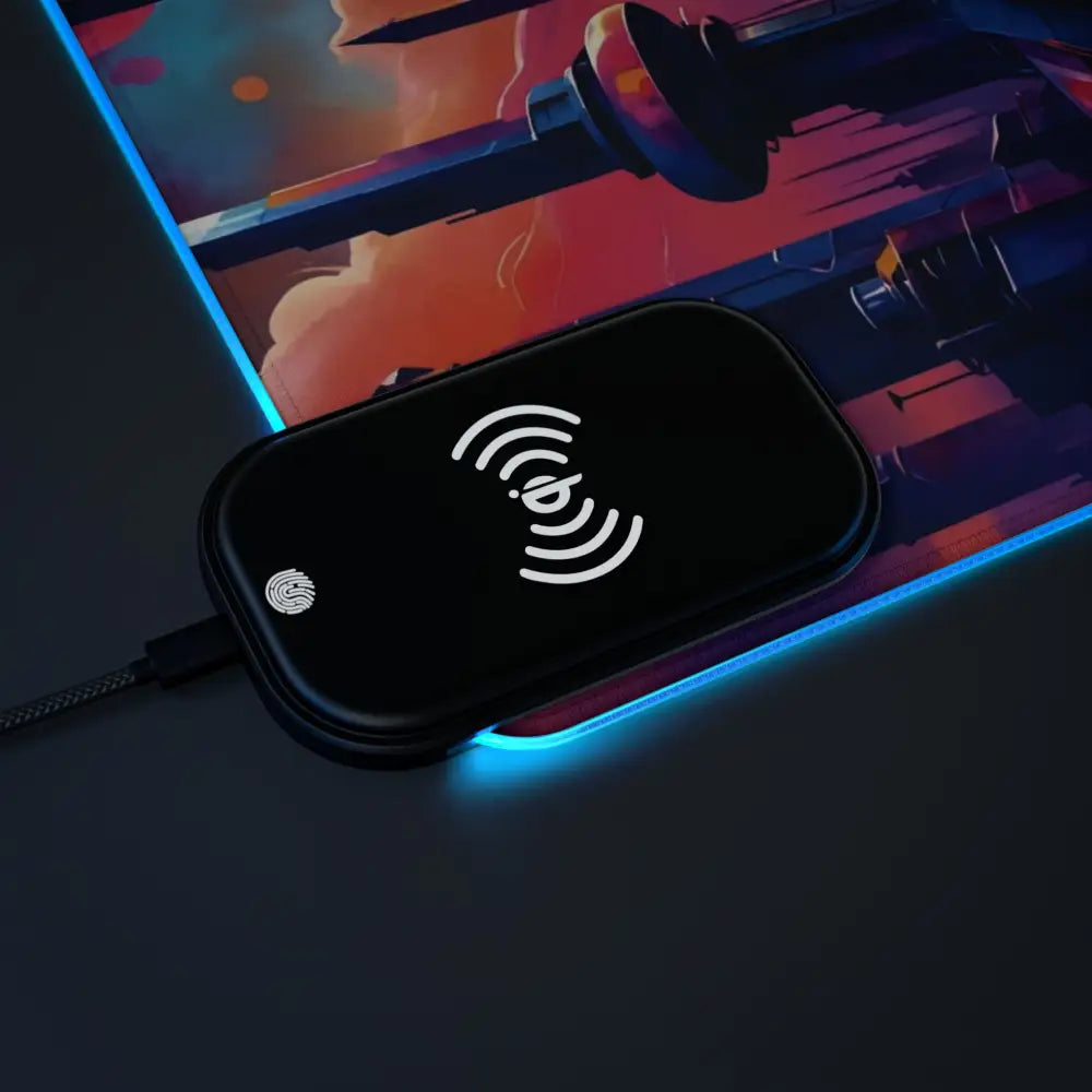 Black rectangular wireless charging pad on Symphony of Tomorrow RGB Gaming Mouse Pad