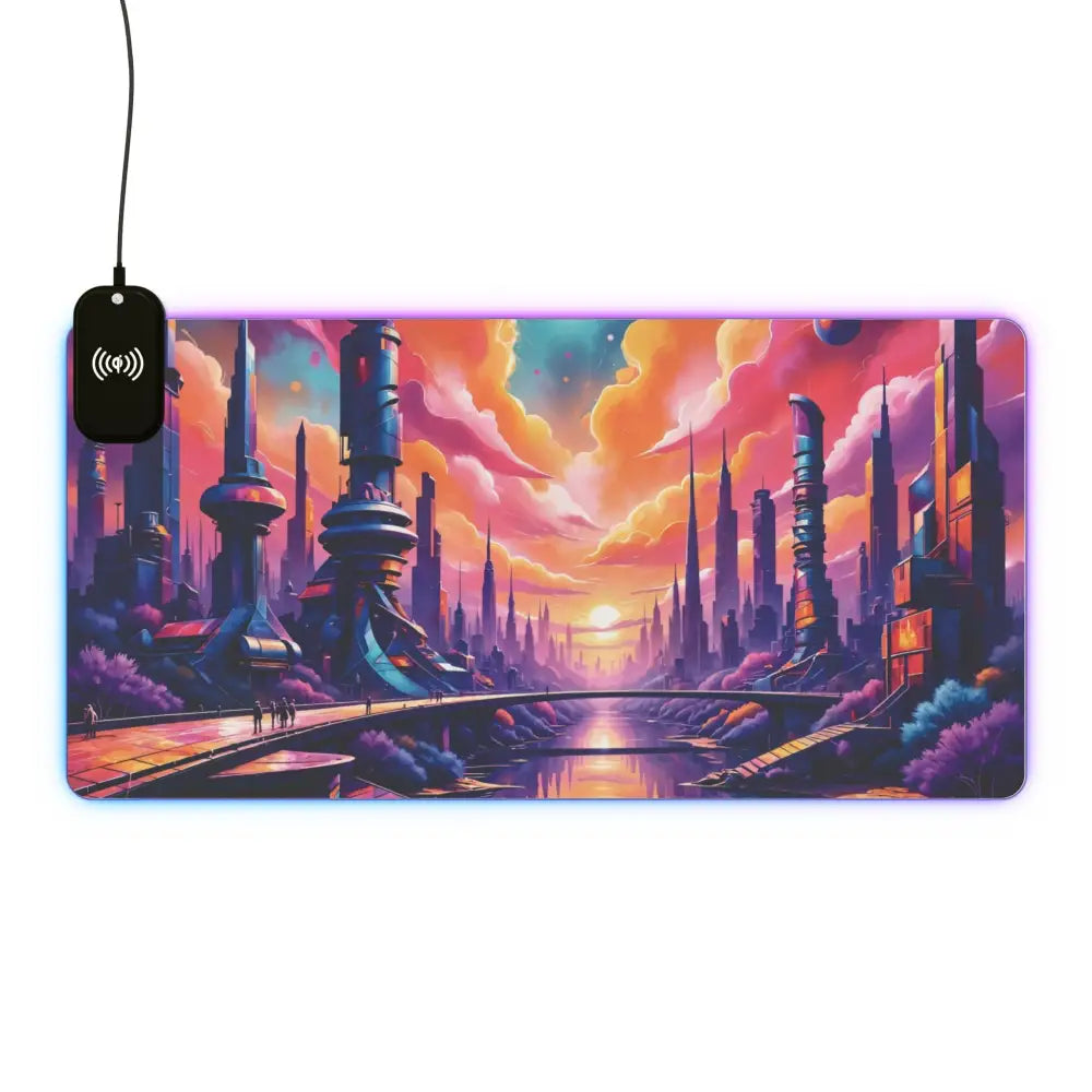 RGB gaming mouse pad with wireless charging and futuristic cityscape design at sunset