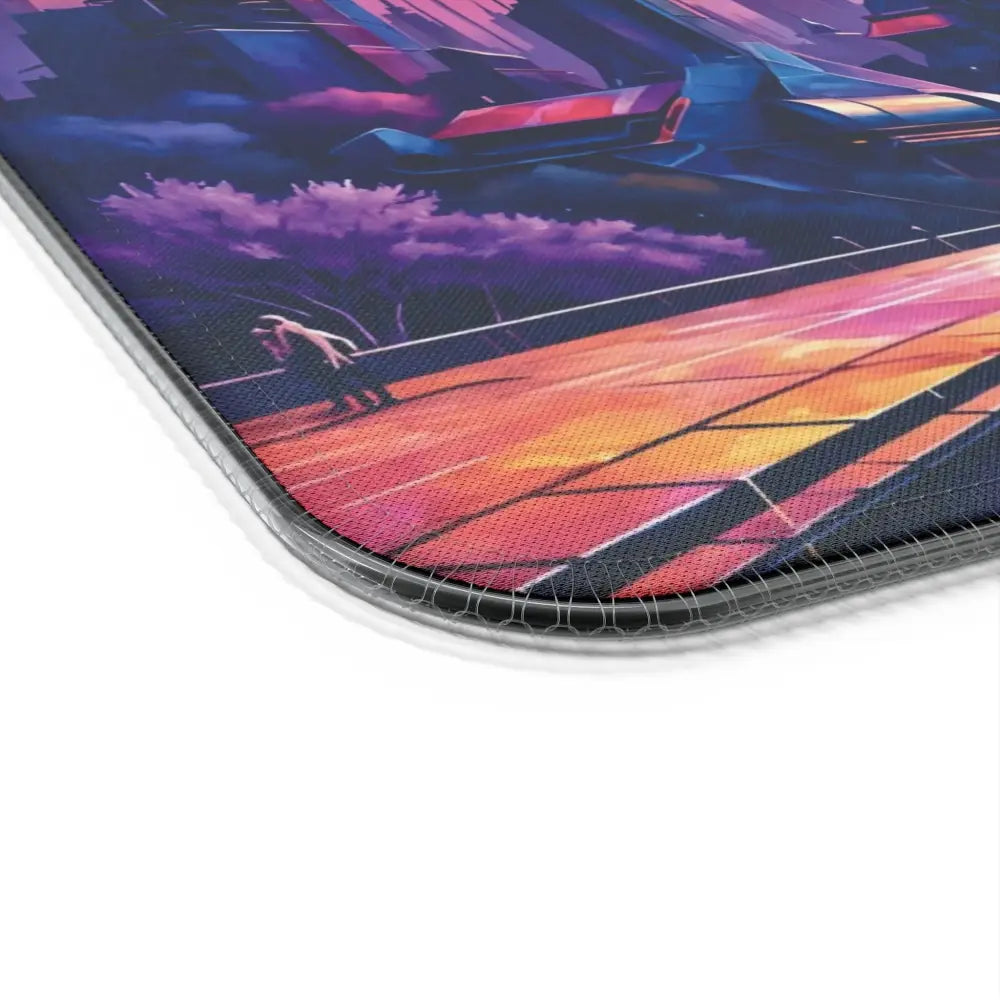 Futuristic cityscape mouse pad with sunset road and purple trees for wireless charging setup