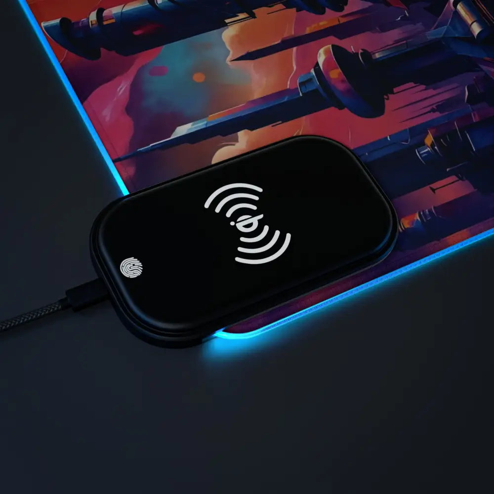 Black wireless charging pad with blue LED lighting on Symphony of Tomorrow RGB Gaming Mouse Pad