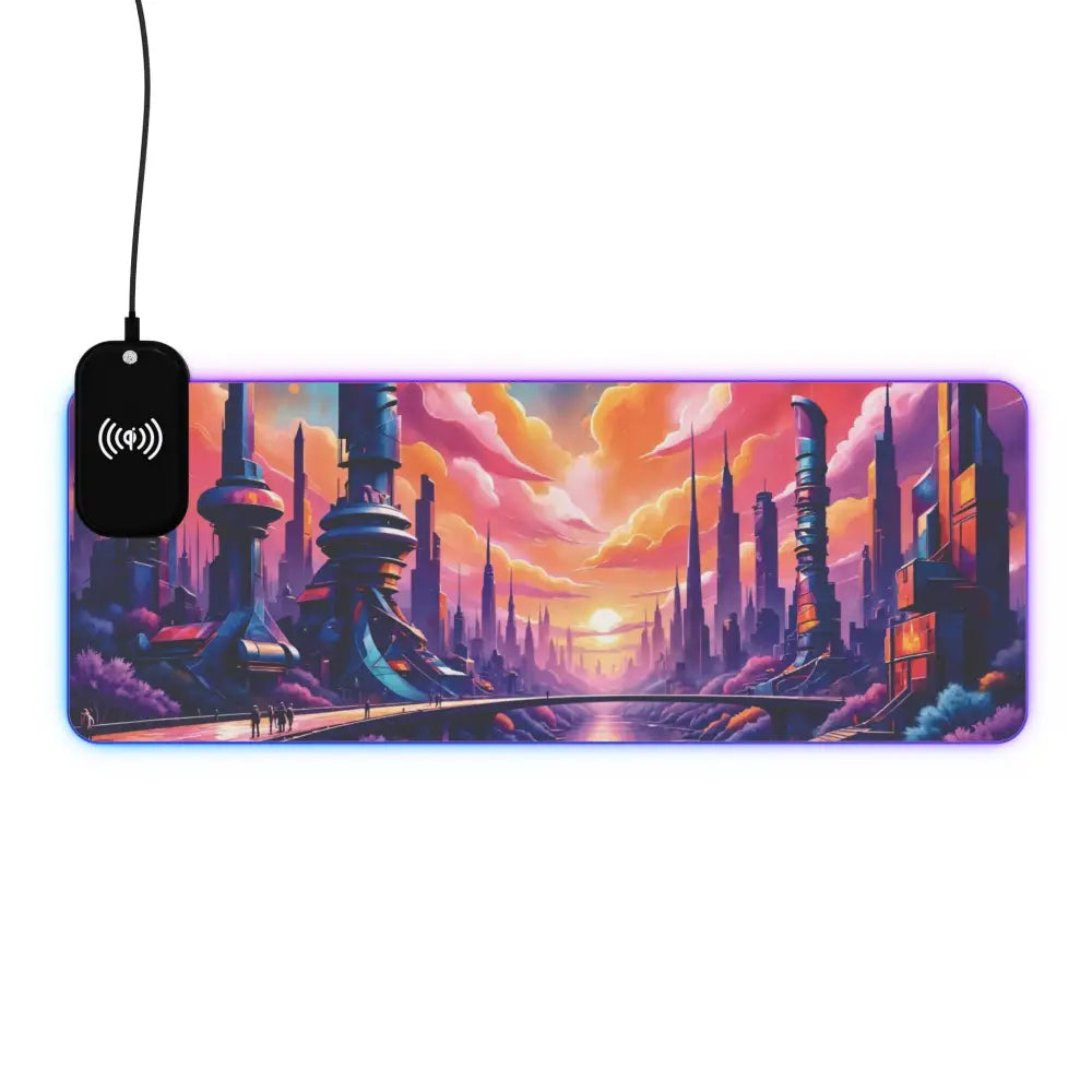 RGB gaming mouse pad with futuristic city design and wireless charging for gaming setup