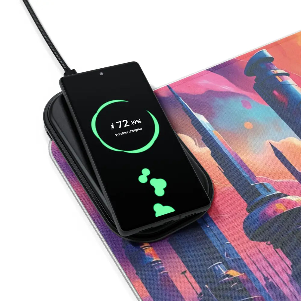 Black smartphone wirelessly charging on Symphony of Tomorrow RGB Gaming Mouse Pad with wireless charging