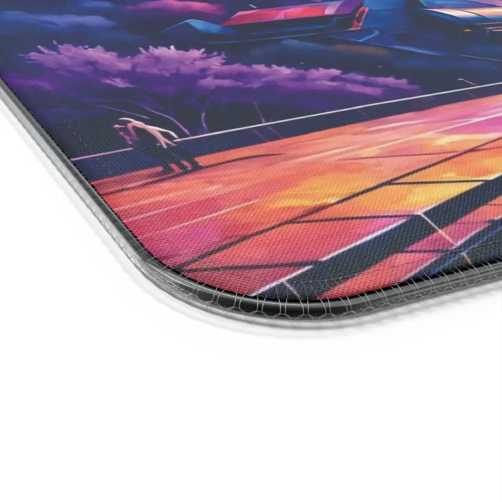 Colorful cityscape mouse pad with sunset design featuring wireless charging for gaming setup