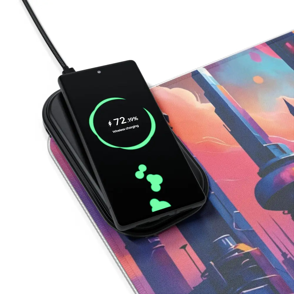 Black smartphone wirelessly charging on Symphony of Tomorrow RGB Gaming Mouse Pad with wireless charging