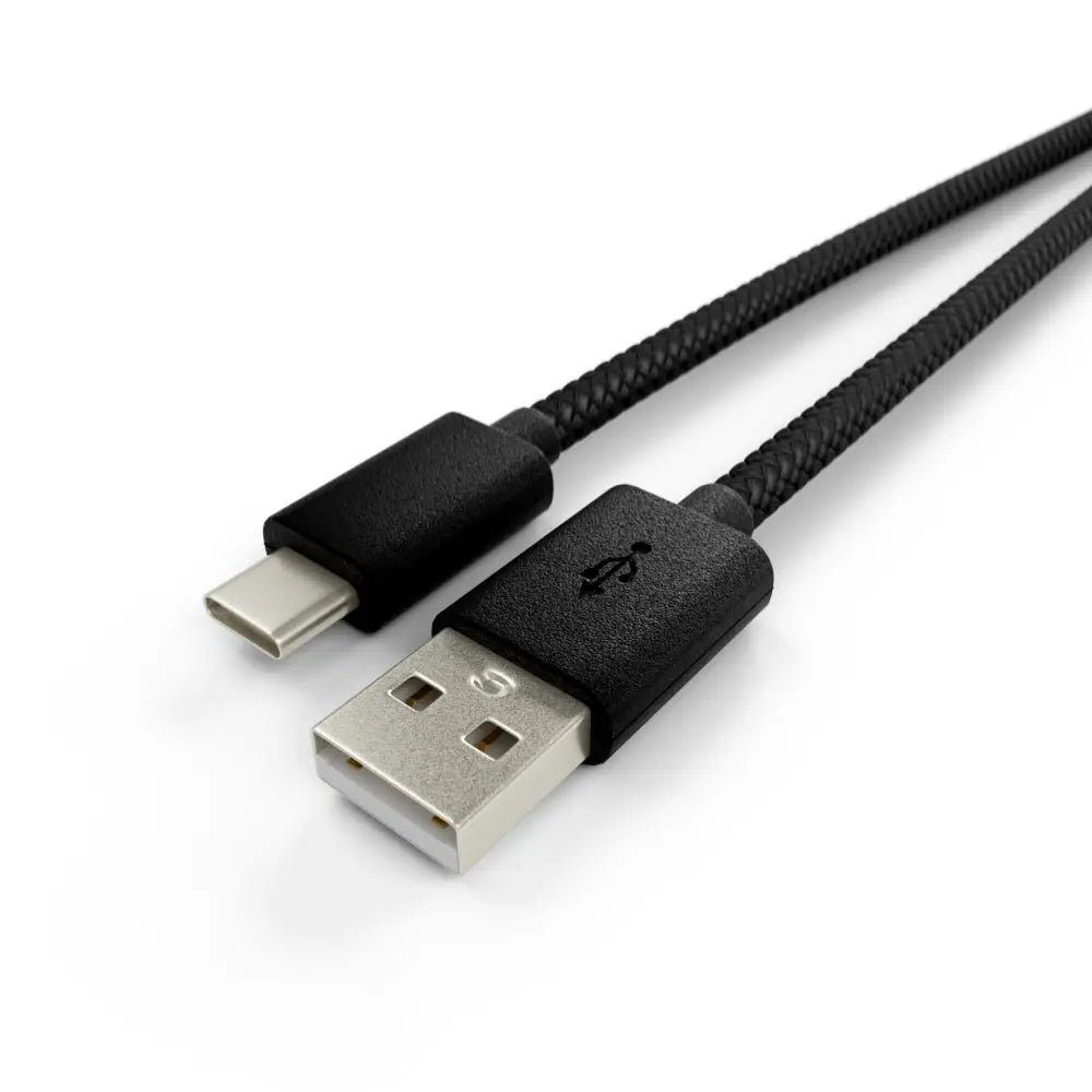 Black braided USB-A to USB-C cable on Symphony of Tomorrow RGB Gaming Mouse Pad with wireless charging