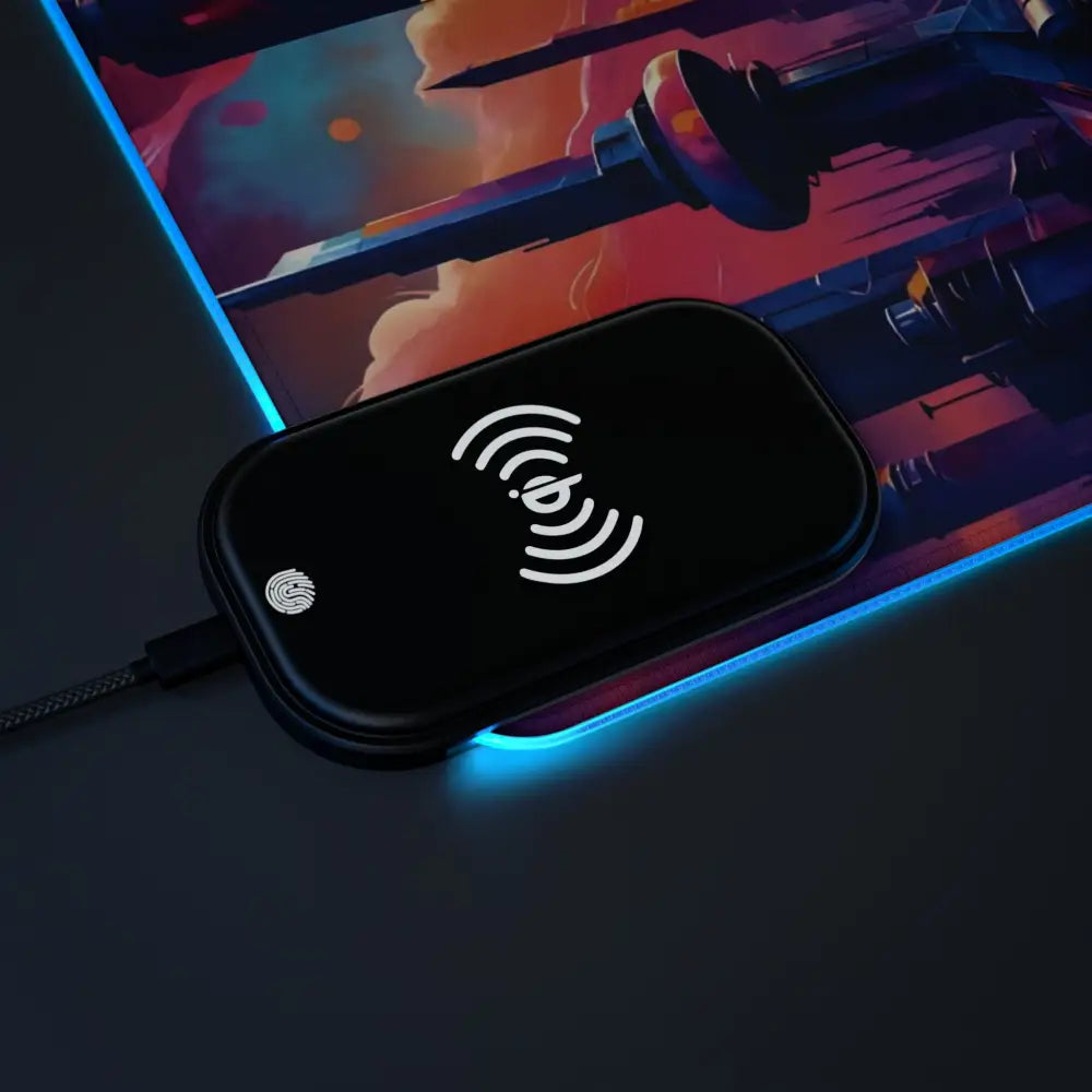 Black wireless charging pad with fingerprint sensor on Symphony of Tomorrow RGB Gaming Mouse Pad