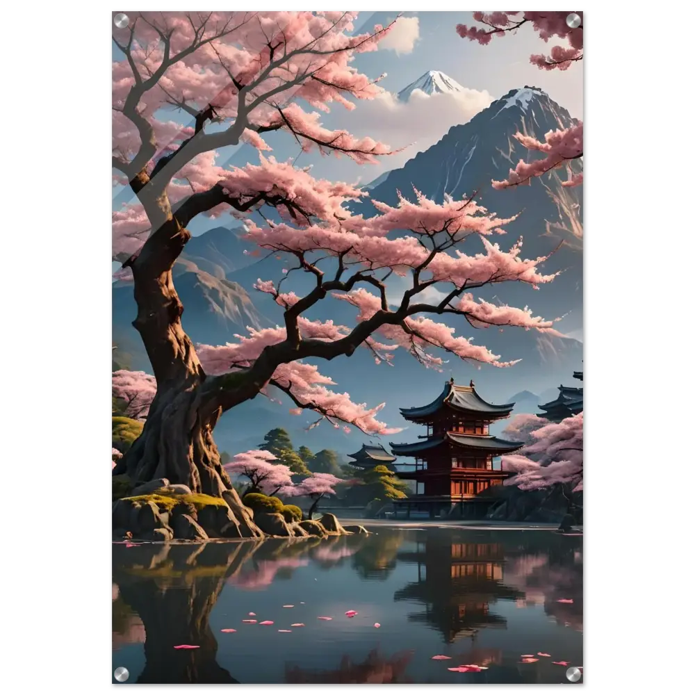 Japanese cherry blossom landscape acrylic wall art for serene Temple Blossom Serenity decor