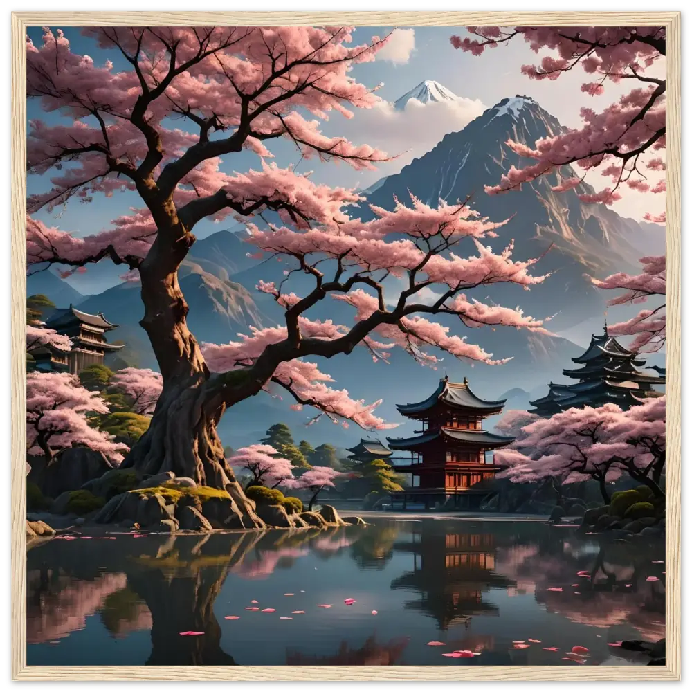 Japanese cherry blossom landscape framed poster with matte finish from PixiOnyx