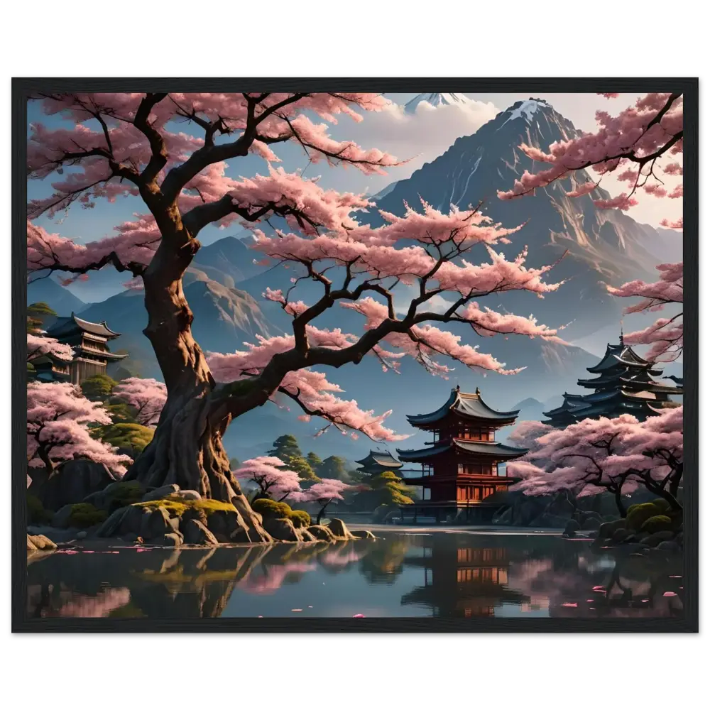 Japanese cherry blossom landscape framed poster with matte finish for serene home decor