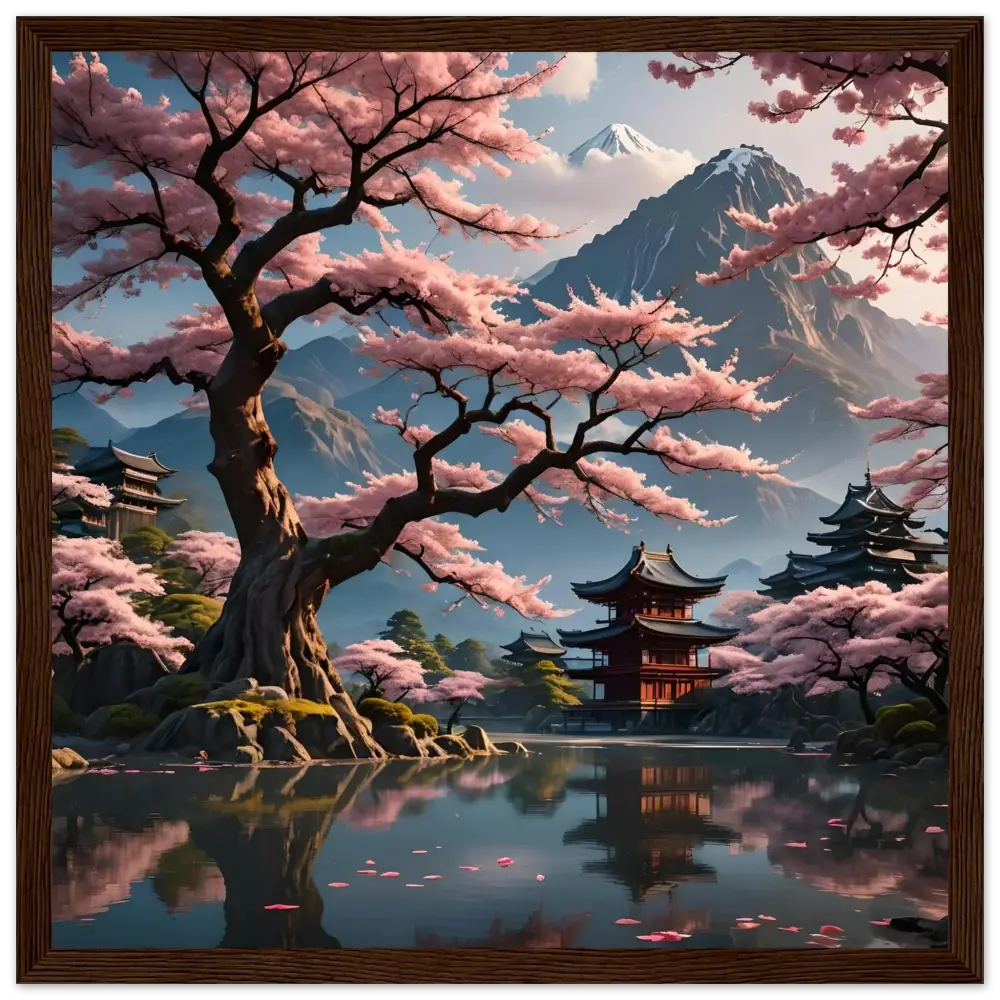 Cherry blossom landscape with temples in the Temple Blossom Serenity framed poster