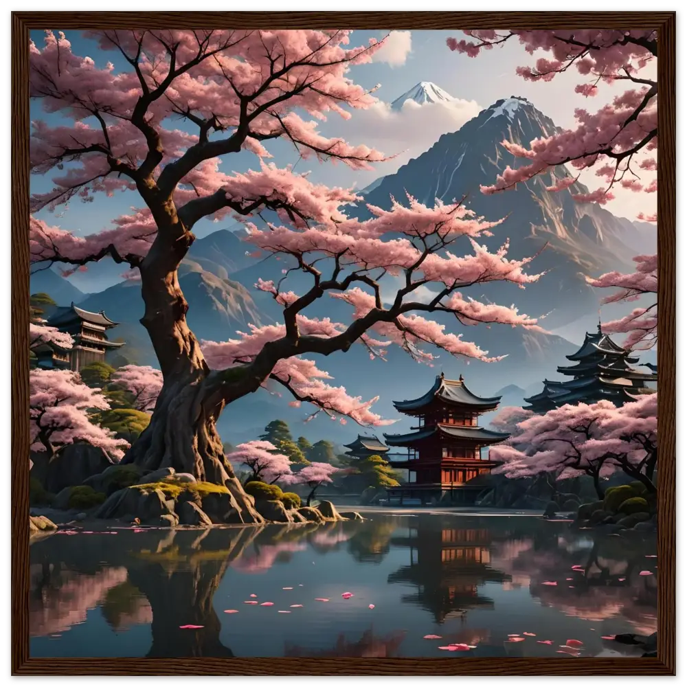 Cherry blossom landscape with temples in a serene framed poster by PixiOnyx
