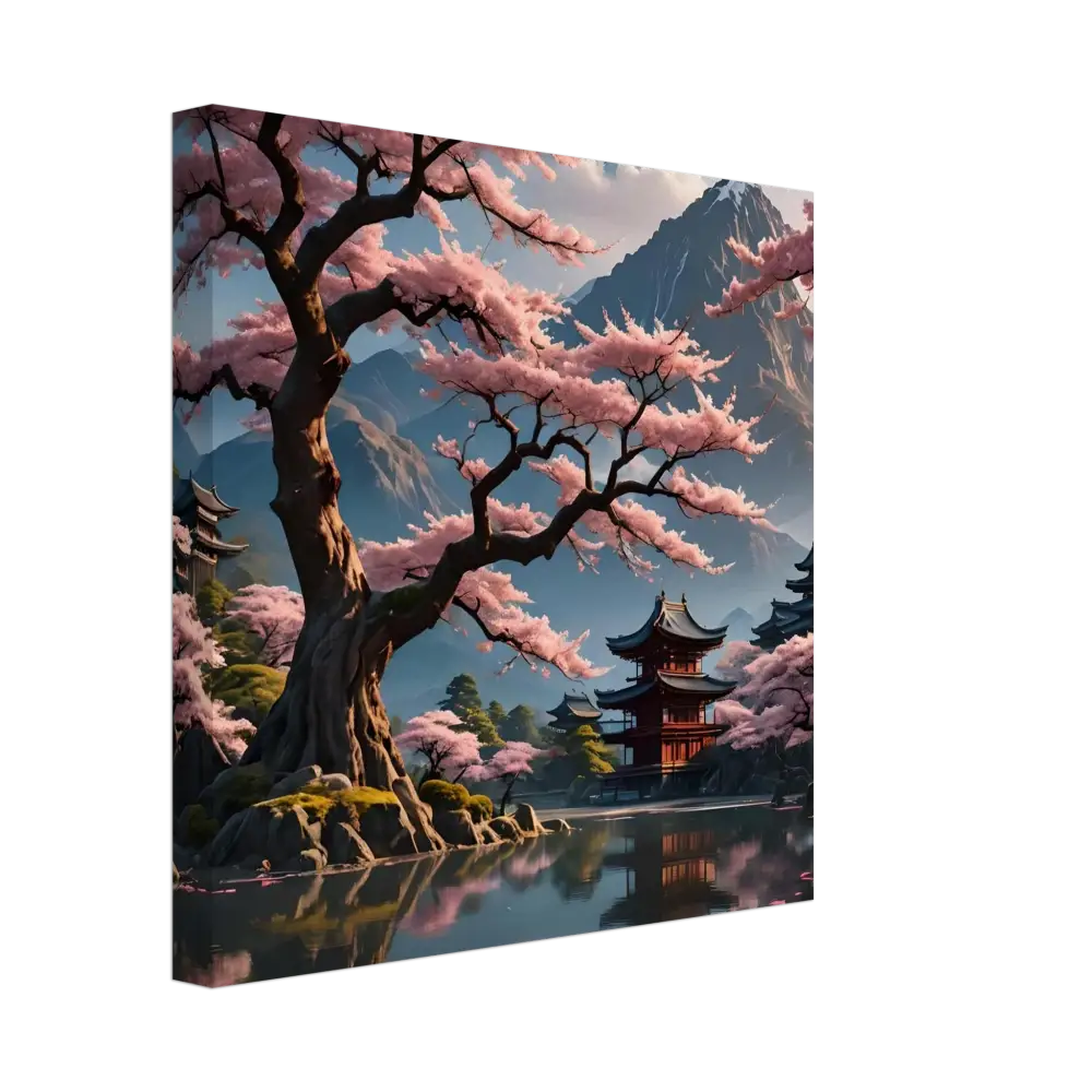 Japanese cherry blossom landscape canvas print displayed on Temple Blossom Serenity Gallery Canvas Wrap