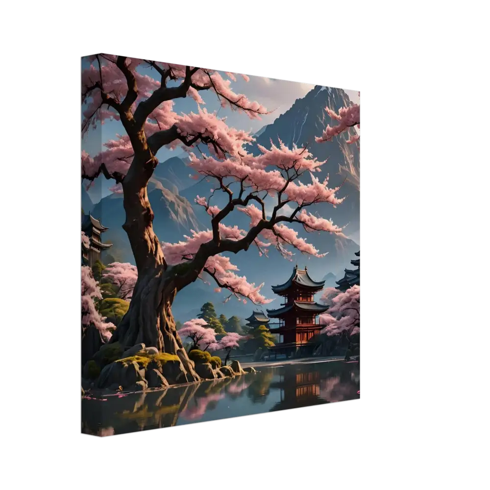 Japanese cherry blossom landscape on Canvas Wrap Temple Blossom Serenity by PixiOnyx