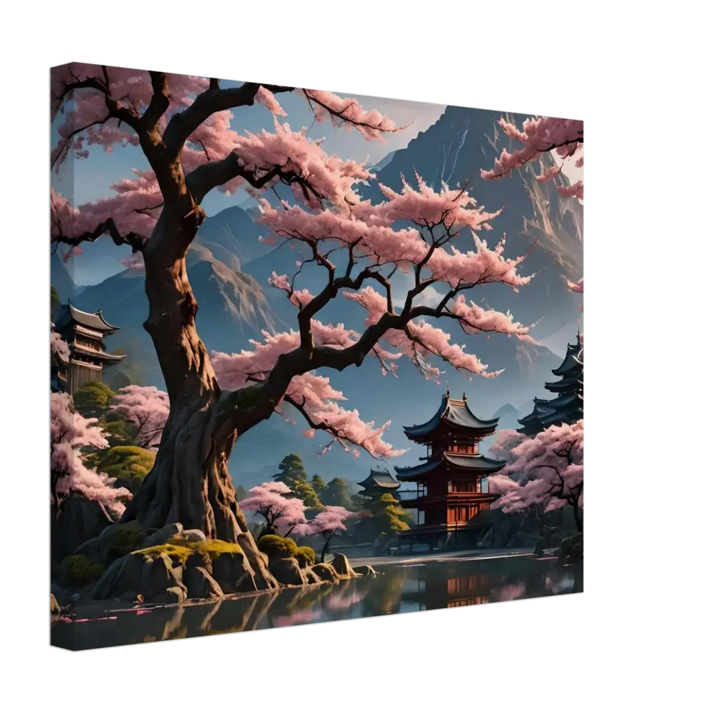 Japanese cherry blossom landscape canvas artwork for Temple Blossom Serenity Gallery Wrap