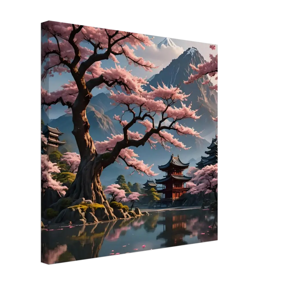 Japanese cherry blossom landscape on Canvas Wrap titled Temple Blossom Serenity by PixiOnyx