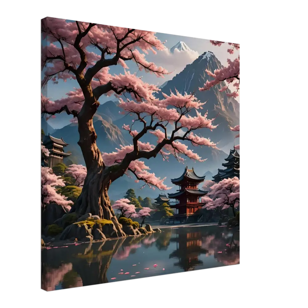 Japanese cherry blossom landscape canvas art displayed on Temple Blossom Serenity gallery wrap