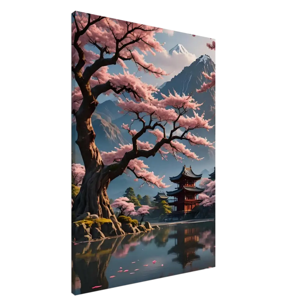 Japanese cherry blossom landscape on a Gallery Canvas Wrap titled Temple Blossom Serenity at PixiOnyx