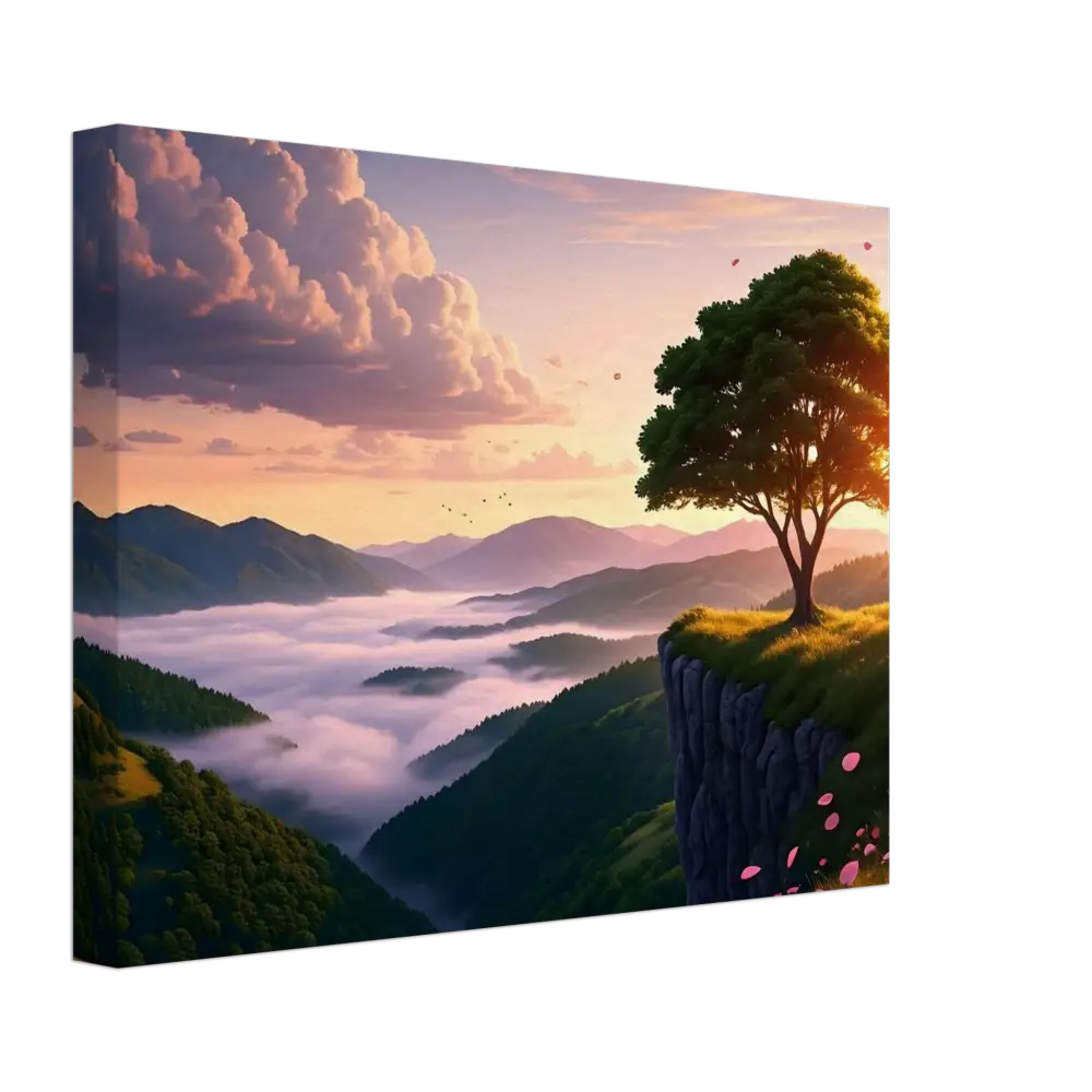 Serene sunrise mountain landscape canvas print for wall decor by PixiOnyx