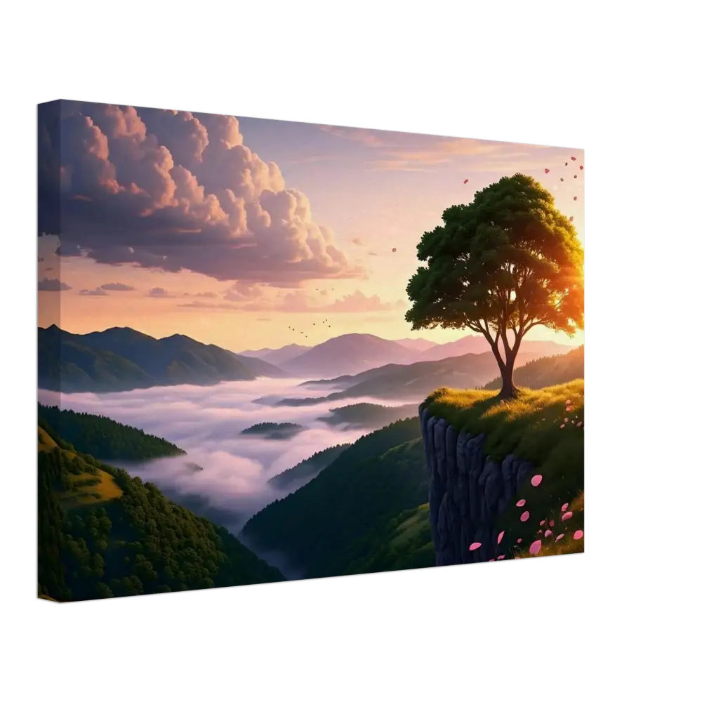 Scenic mountain landscape canvas print depicting a serene sunrise on a cliff peak
