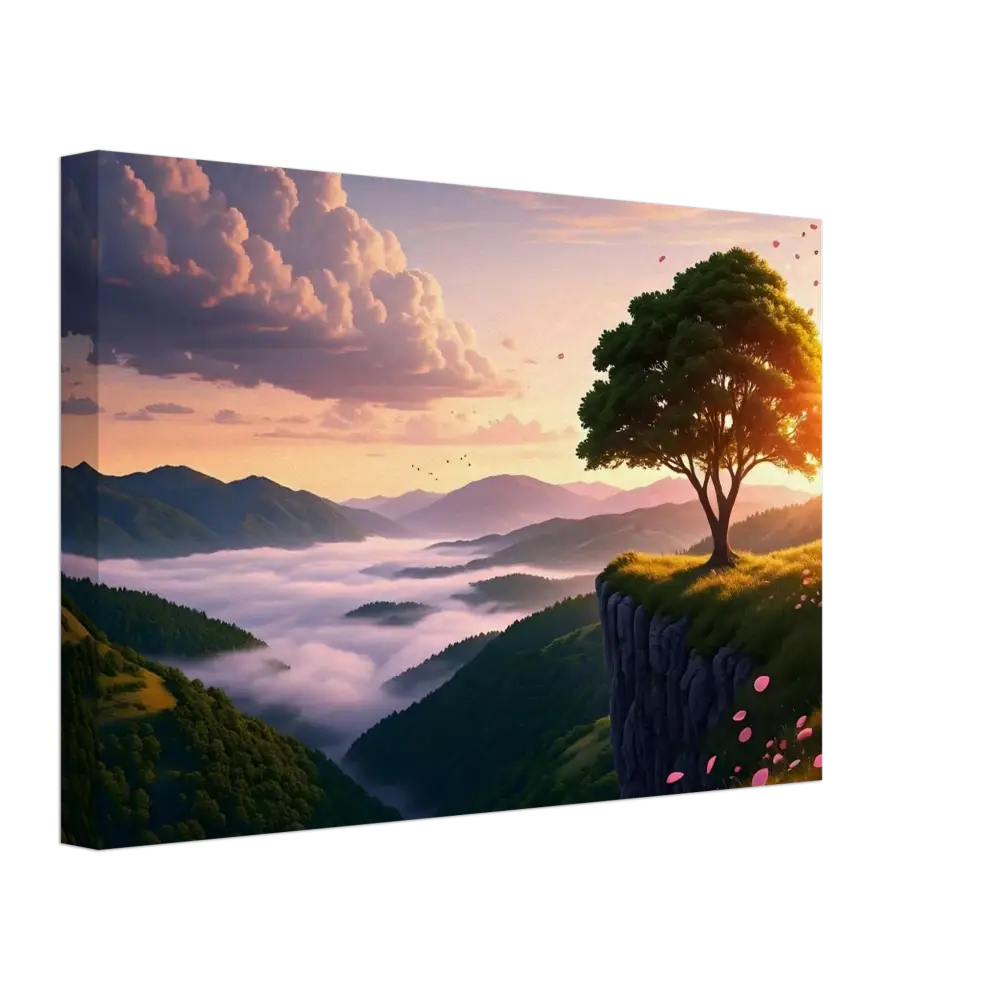 Scenic mountain landscape canvas print showcasing a serene sunrise on a cliff