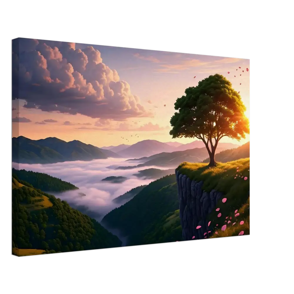Scenic mountain landscape canvas print titled The Edge of Dawn Serene Sunrise on the Cliff
