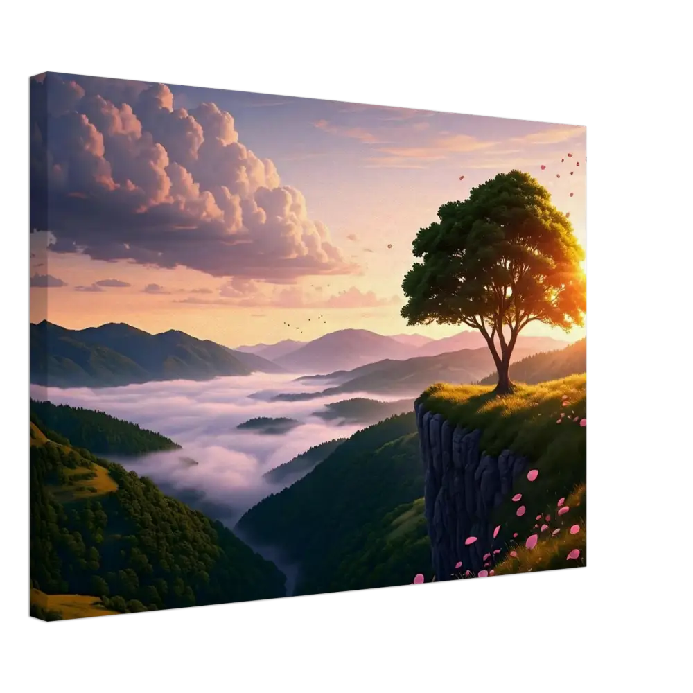 Serene sunrise mountain landscape canvas print from PixiOnyx featuring cliffs and sky