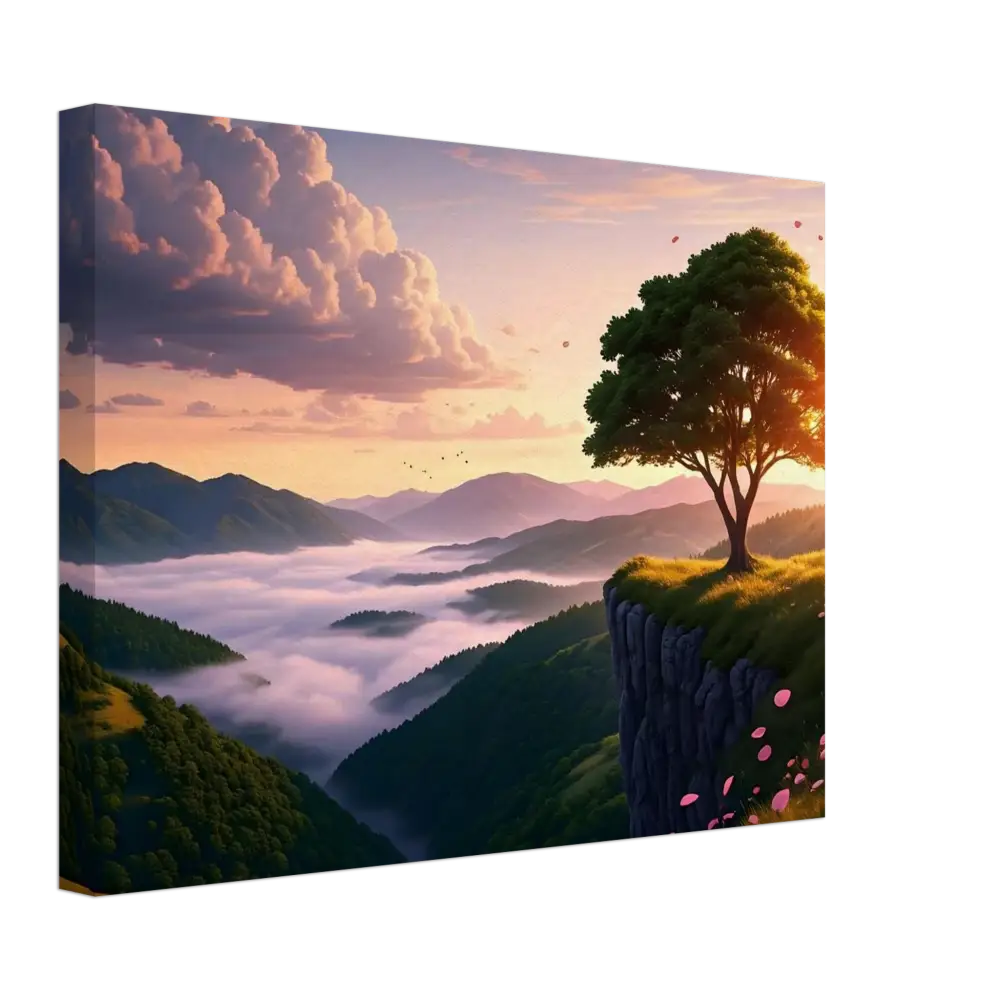 Canvas print of a serene mountain landscape with sunrise on the cliff at Dawn