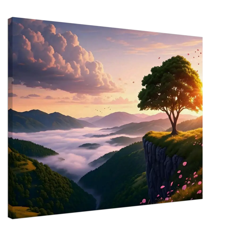 Serene sunrise mountain landscape canvas print for wall decor by PixiOnyx
