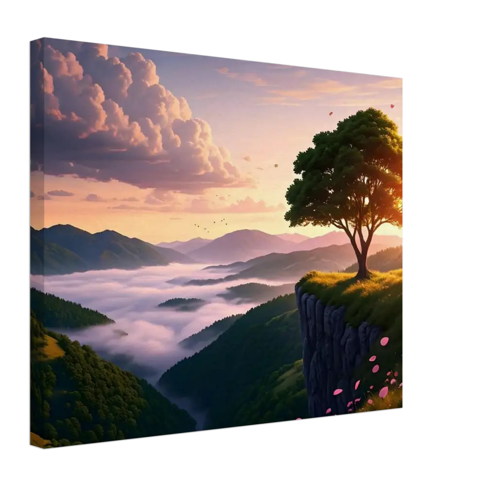 Serene sunrise mountain landscape canvas print displayed in PixiOnyx art product