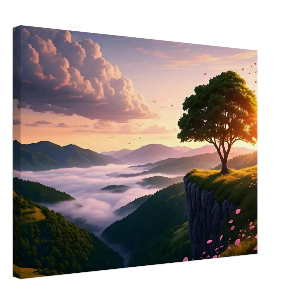 Scenic mountain landscape canvas print displaying a serene sunrise on a cliff at Dawn