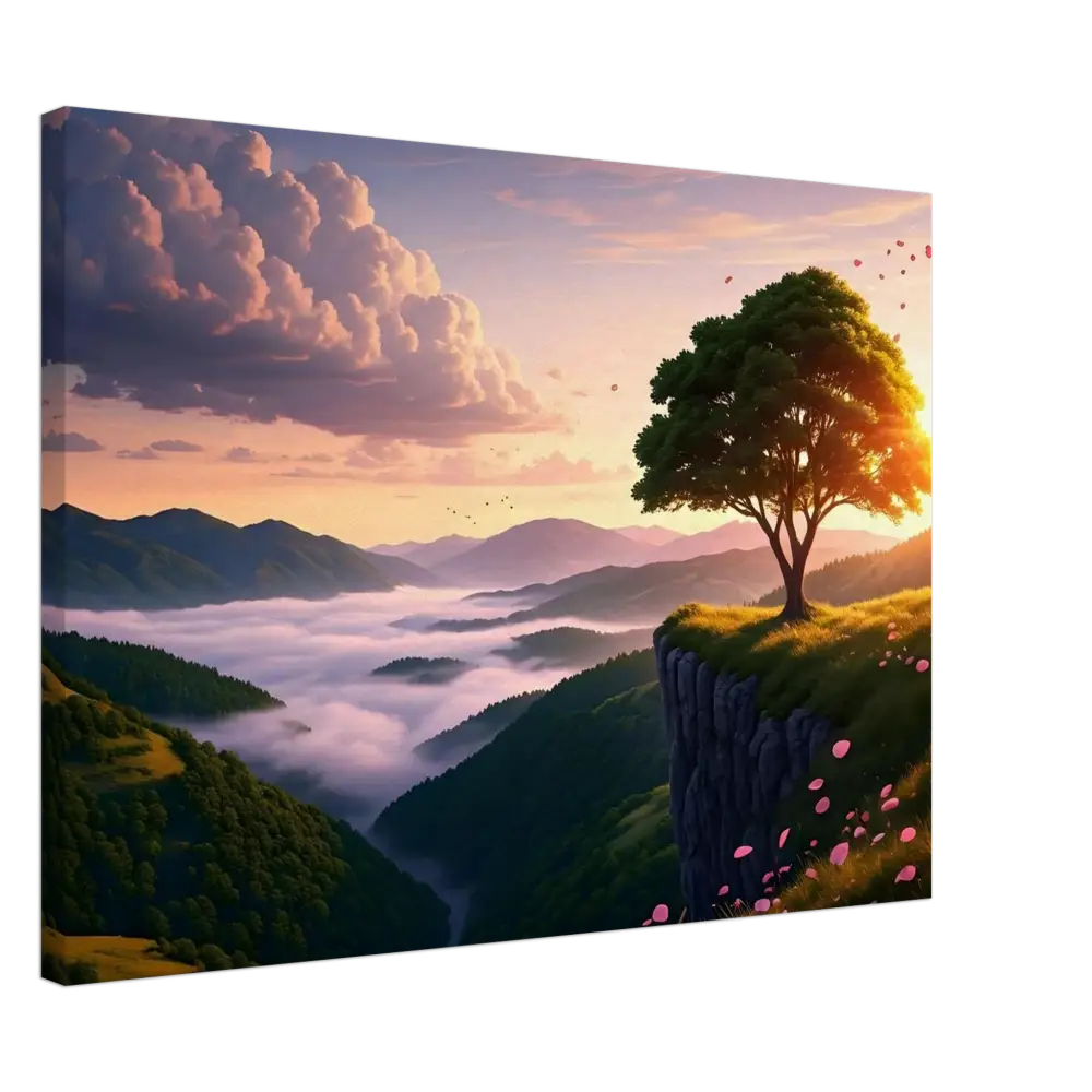 Scenic mountain landscape canvas print titled The Edge of Dawn with Serene Sunrise on the Cliff
