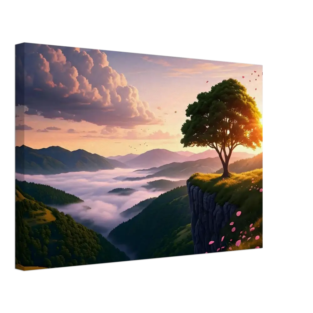 Scenic mountain landscape canvas print with serene sunrise on a cliff by PixiOnyx