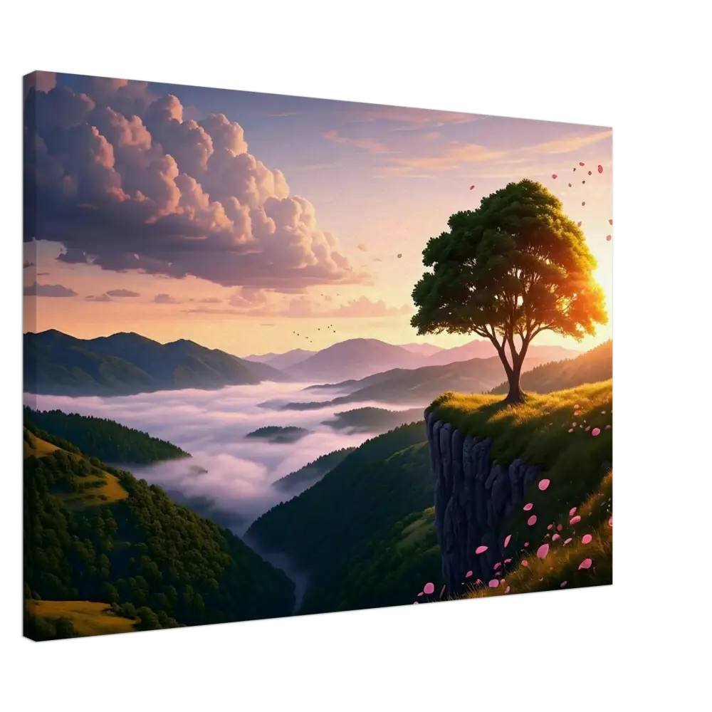 Scenic mountain landscape canvas print with sunrise on a cliff for home decor