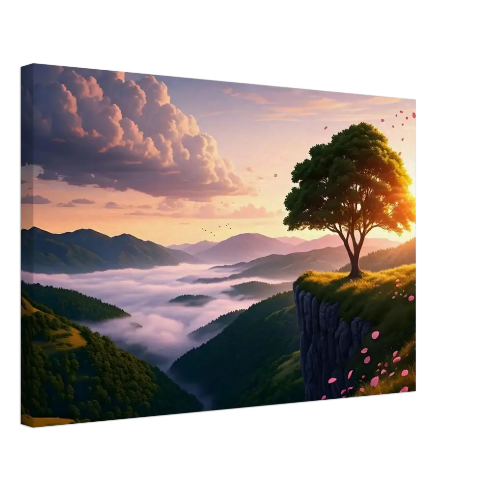 Scenic mountain landscape canvas print with serene sunrise on the cliff by PixiOnyx